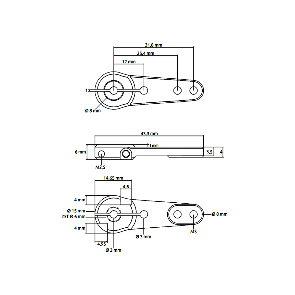 Brazo Aluminio 1,25" - 32mm Futaba 25T 6mm