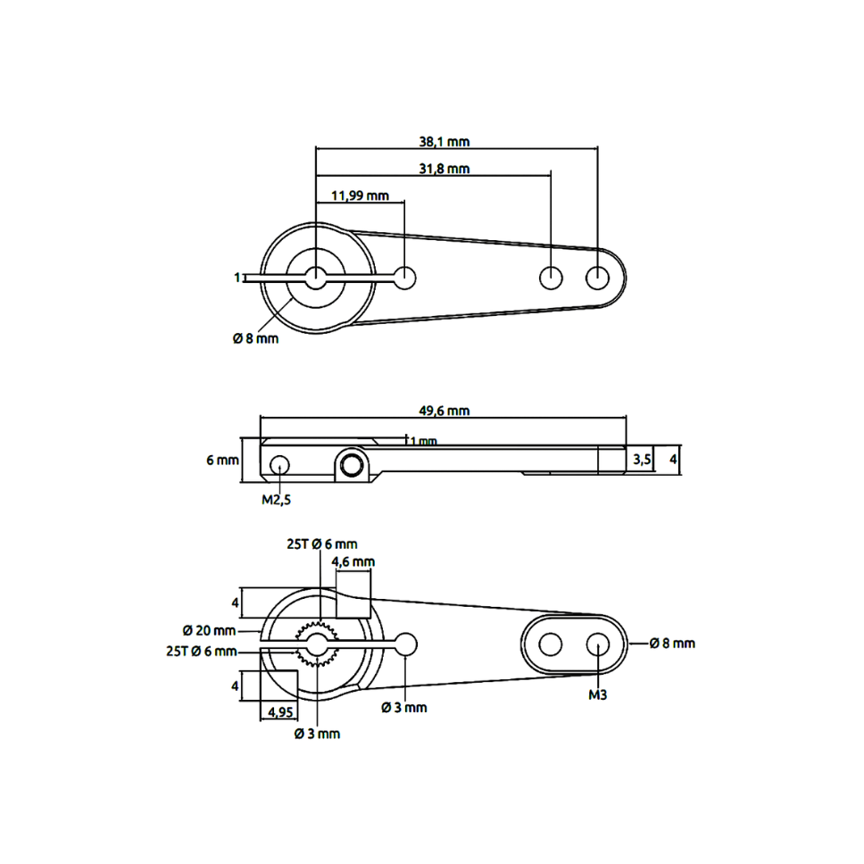 Brazo Aluminio 1,5" - 38mm Futaba 25T 6mm