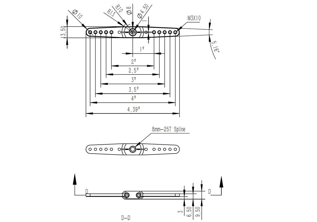Brazo Alu Doble 4" - 100mm Futaba 25T 8mm